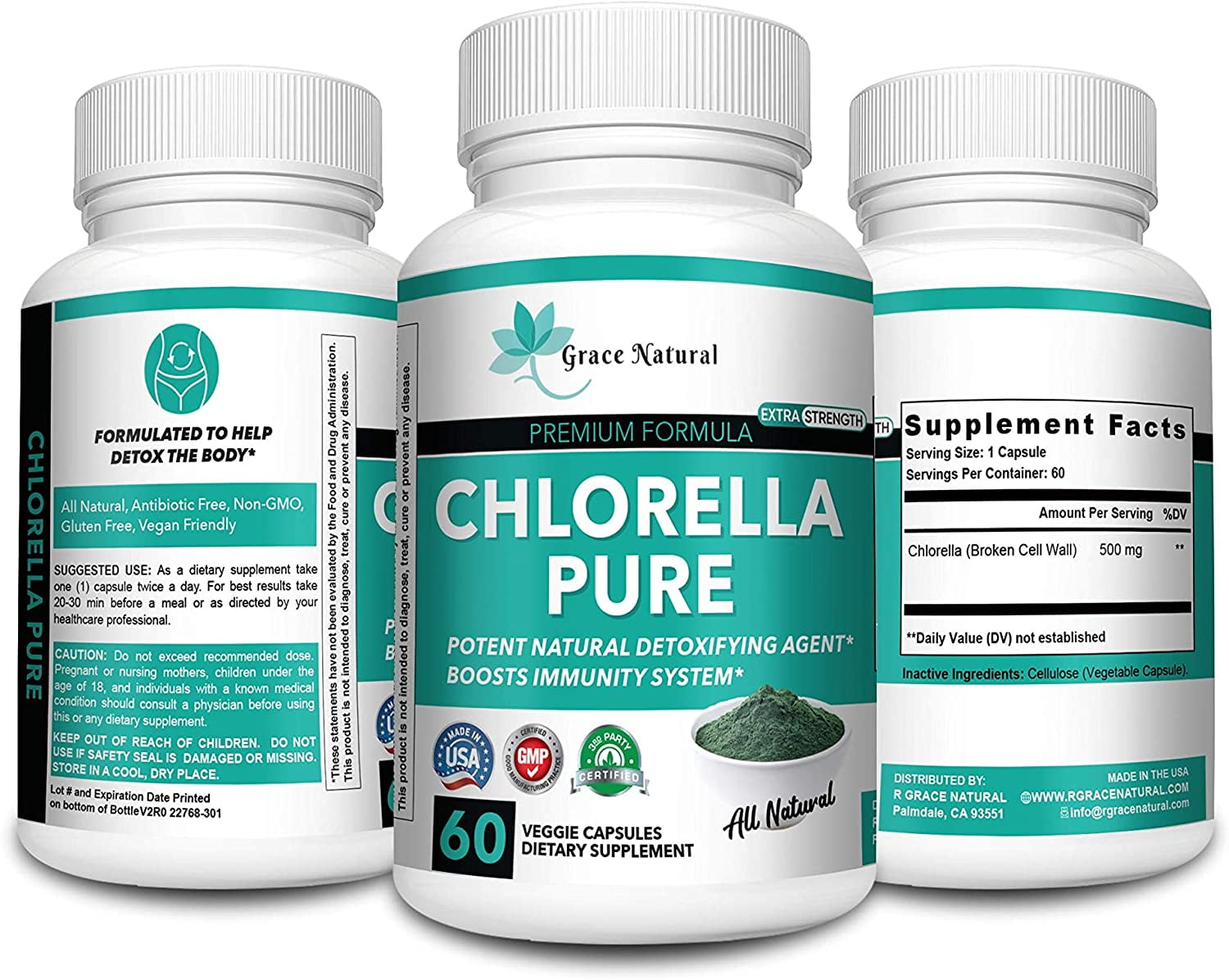 Chlorella Pure Extra Strength Supplement Pure Vegan Powder Capsules, Supports Blood Sugar Levels Blood Pressure and Liver Function in The Normal Range, Antibiotic and Gluten Free, Non-GMO-Made in USA