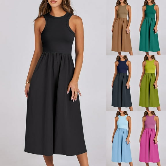 Jacenvly New Summer Dresses for Women 2024 Women Fashion Summer Floral Round Neck Patchwork Sleeveless Pocket Waist Dresses Breathable Leisure Sundresses for Women Light Blue