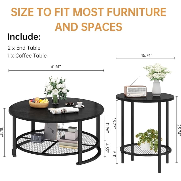 Round Coffee Table and End Table Set of 3 with Storage, Modern Vintage Black for Living Room