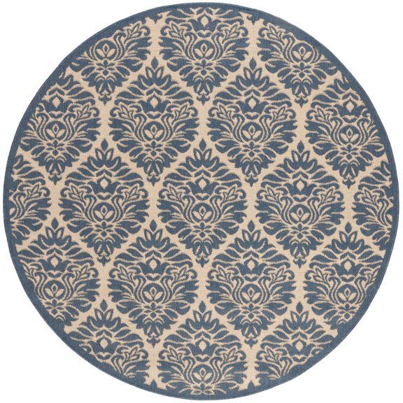 SAFAVIEH Linden Bryony Geometric Indoor/Outdoor Area Rug, Cream/Blue, 6'7" x 6'7" Round