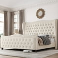 thumbnail image 2 of Homfa Queen Size Bed Frame, Modern Velvet Tufted Wingback Bed, Platform Bed with 55"H Upholstered Headboard, Off-White, 2 of 9
