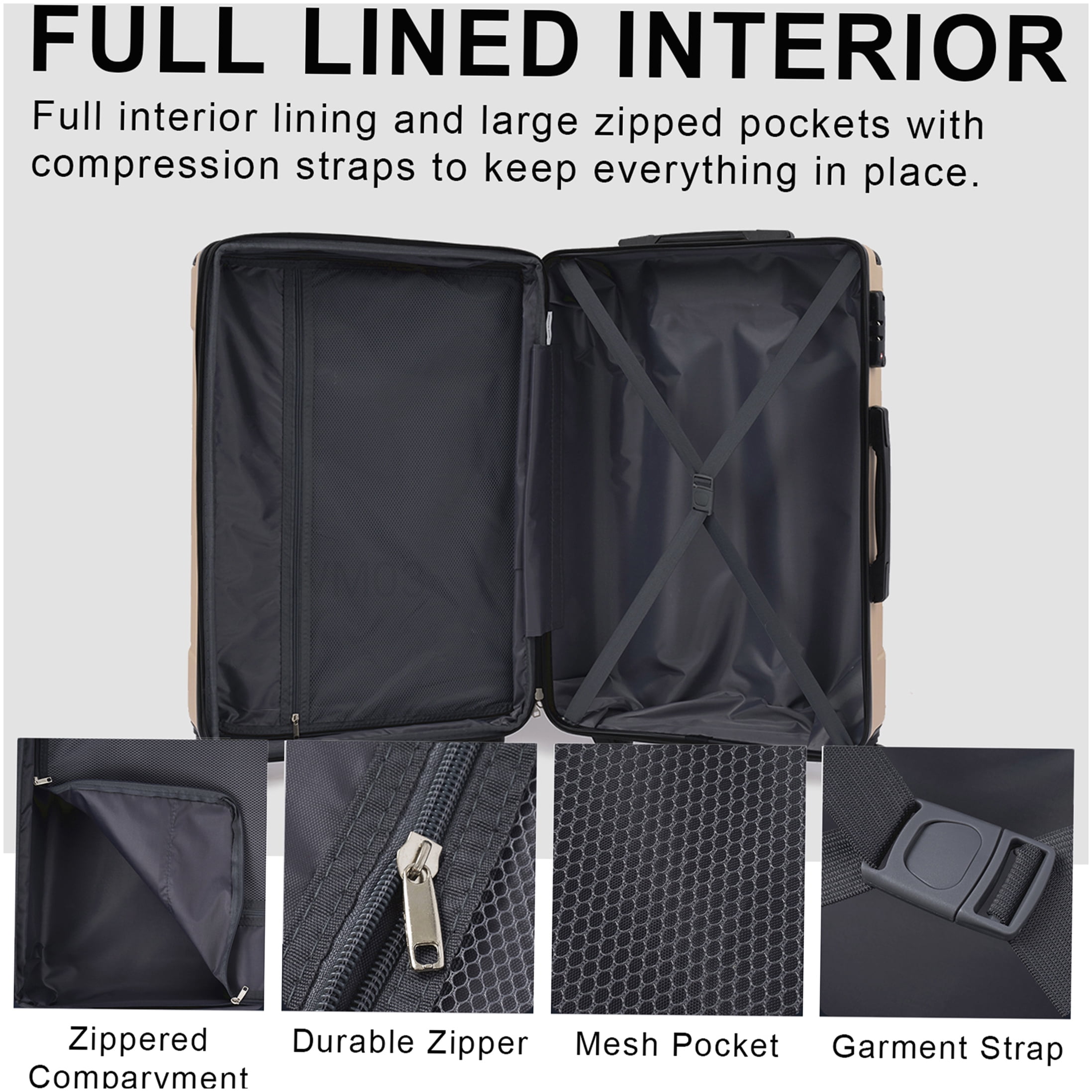 Durable 3-Piece Spinner Luggage Set, ABS Lightweight Hard Shell Suitcases in Black Brown