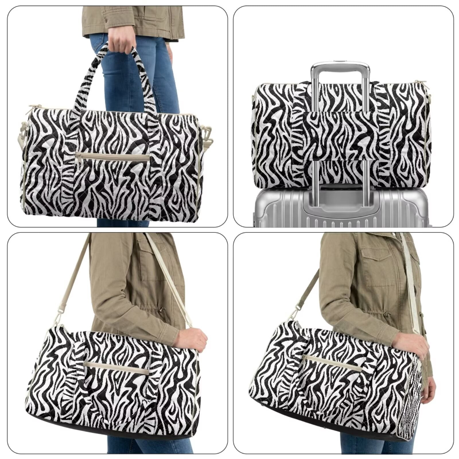 Chririnla Luggage Bag Weekender Bags for Women Travel Trendy Sports Bag with Quilted Fabric for Business Trips, Classic Zebra Stripe Print
