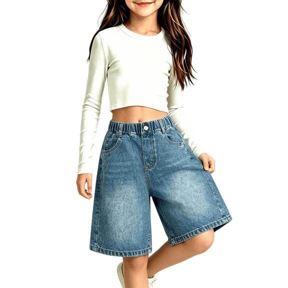 EnJoCho Girls' Denim Shorts Elastic Waist Loose Wide Leg Jean Shorts Kids Casual Knee Length Trousers School Unifor𝗆 Jorts for Teen For 4-16Years