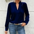 thumbnail image 2 of XPMWRP Women's Long Sleeve V-Neck Top Velvet Ruffle Collar Detail Blouse Trendy Basic Tees Casual Office Work T-Shirt Dark Blue S, 2 of 8