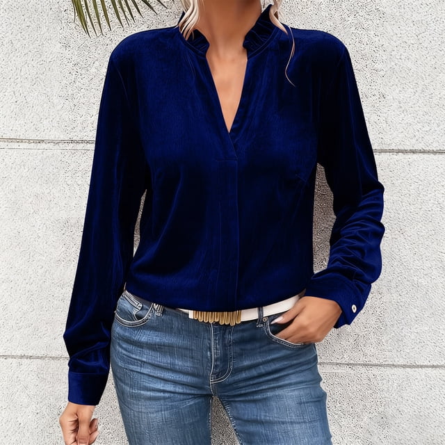 Ounisa Womens Summer Velvet Long Sleeve Button Down Casual Tops Shirts