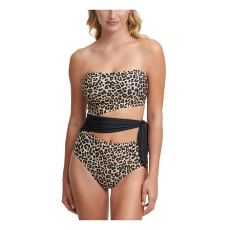 DKNY Women's Beige Animal Print Stretch Cutout Tie Removable Straps Convertible Moderate Coverage Bandeau One Piece Swimsuit 10