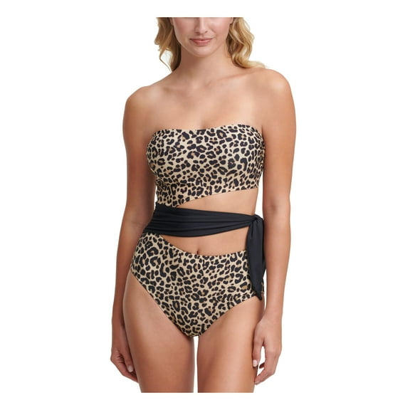 DKNY Women's Beige Animal Print Stretch Cutout Tie Removable Straps Convertible Moderate Coverage Bandeau One Piece Swimsuit 10