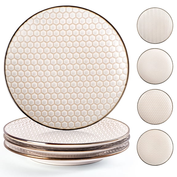 Ceramic Salad Plates Set - 8.5 Inch Small Dinner Plate - Embossed Dishes for Dessert Appetizer Sandwich - Oven Microwave Dishwasher Safe - Set of 4 - White