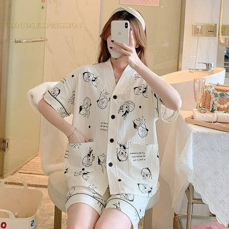 

QWZNDZGR Summer New Purple Pajamas For Women Cute Girl Sleepwear Kimono Pajama Sets Pyjamas Casual Sleepwear Homewear Lounge Home Fashion