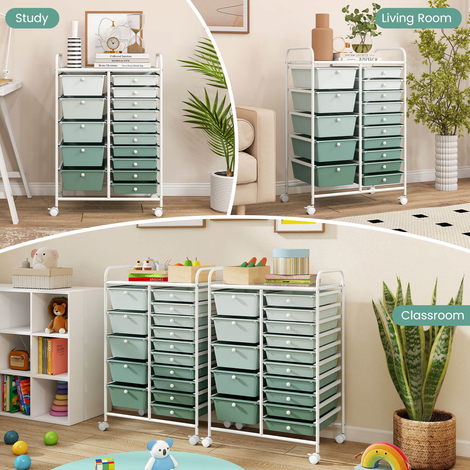 Costway 15-Drawer Rolling Storage Cart Mobile Cart with Colorful Drawers & Metal Frame Gradient Green