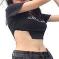 thumbnail image 2 of Women Cropped Tops Short Bare Navel Diamonds Letter Irregular Pullover, 2 of 4