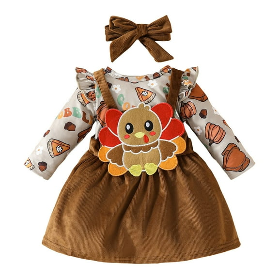 Pimfylm Baby Girl Clothes Fall Winter Outfits,Thanksgiving Baby Girl Outfit Long Sleeve Romper Pumpkin Turkey Suspender Skirt Fall Clothes Set