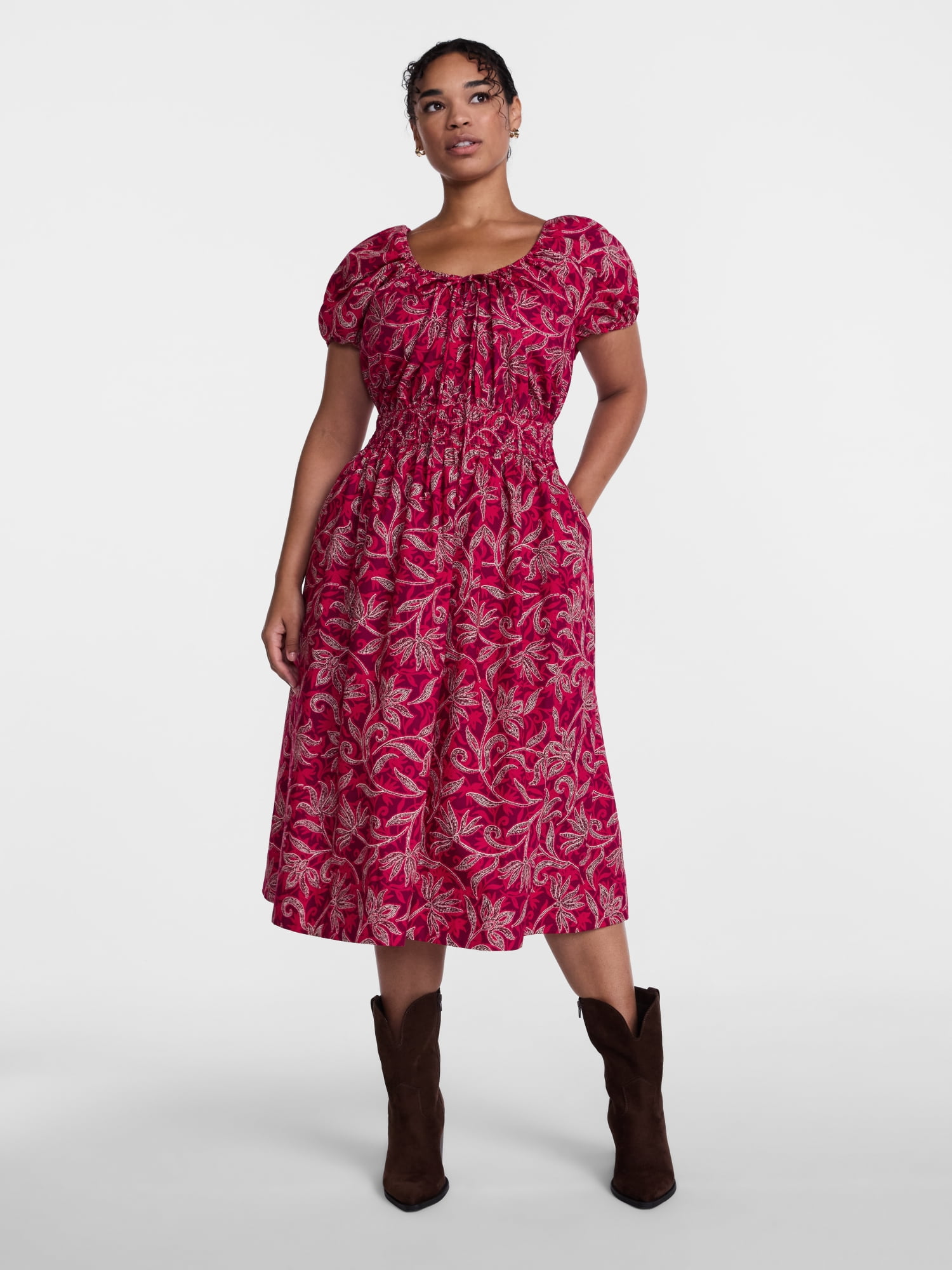 Scenario Women's and Women's Plus Smocked Waist Peasant Midi Dress with Puff Sleeves, Sizes XS-4X