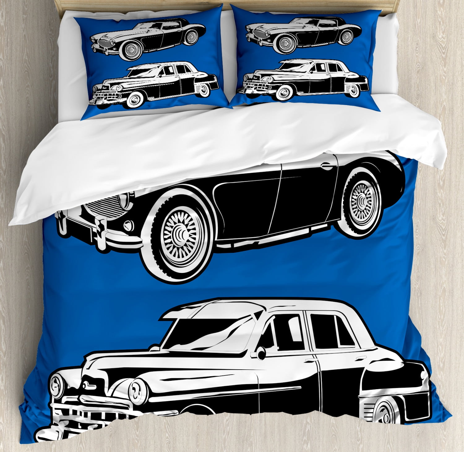 Cars Duvet Cover Set Queen Size, Black and White Vintage Cars on Navy