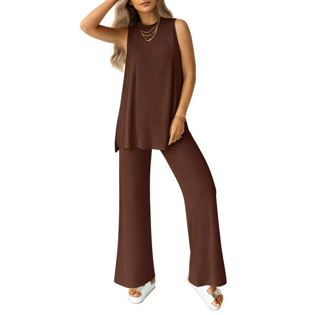 Conjunto de Chándal PRETTYGARDEN 2 Piezas Pantalón Palazzo de Pierna Ancha Color Café Talla S