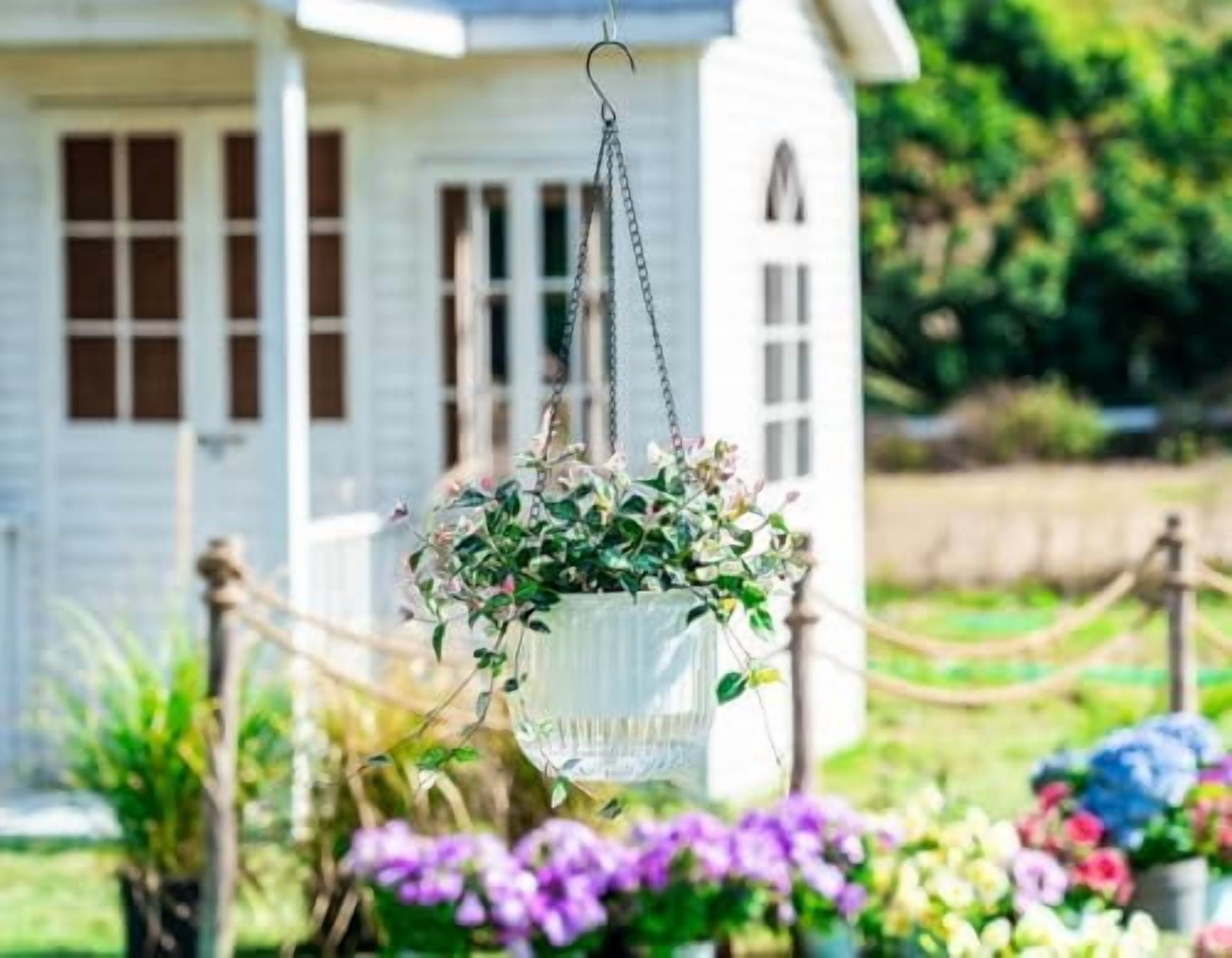 2 Pack Self Watering Hanging Planters Indoor Flower Pots, 6.5 Inch Outdoor Hanging Plant Pot Basket, Plant Hanger with 3Hooks Drainage Holes for Garden Home Emerald+white,6.5''+6.5''