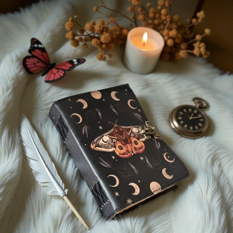 Handmade Leather Journal – Butterfly & Moon Phase Design, Vintage Notebook with 200 Deckle-Edge Pages, Diary for Writing & Sketching