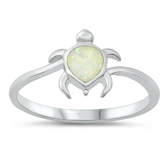 White Simulated Opal Sea Turtle Ring Sterling Silver Size 8