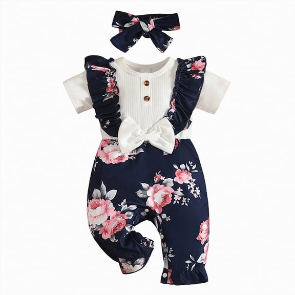 mgoYE Newborn Baby Girl Summer Clothes Floral Short Sleeve Bubble Romper Bow Shorts Jumpsuit Infant Outfit 0 3 6 9 12 18 Months(Black,0-3 Months)