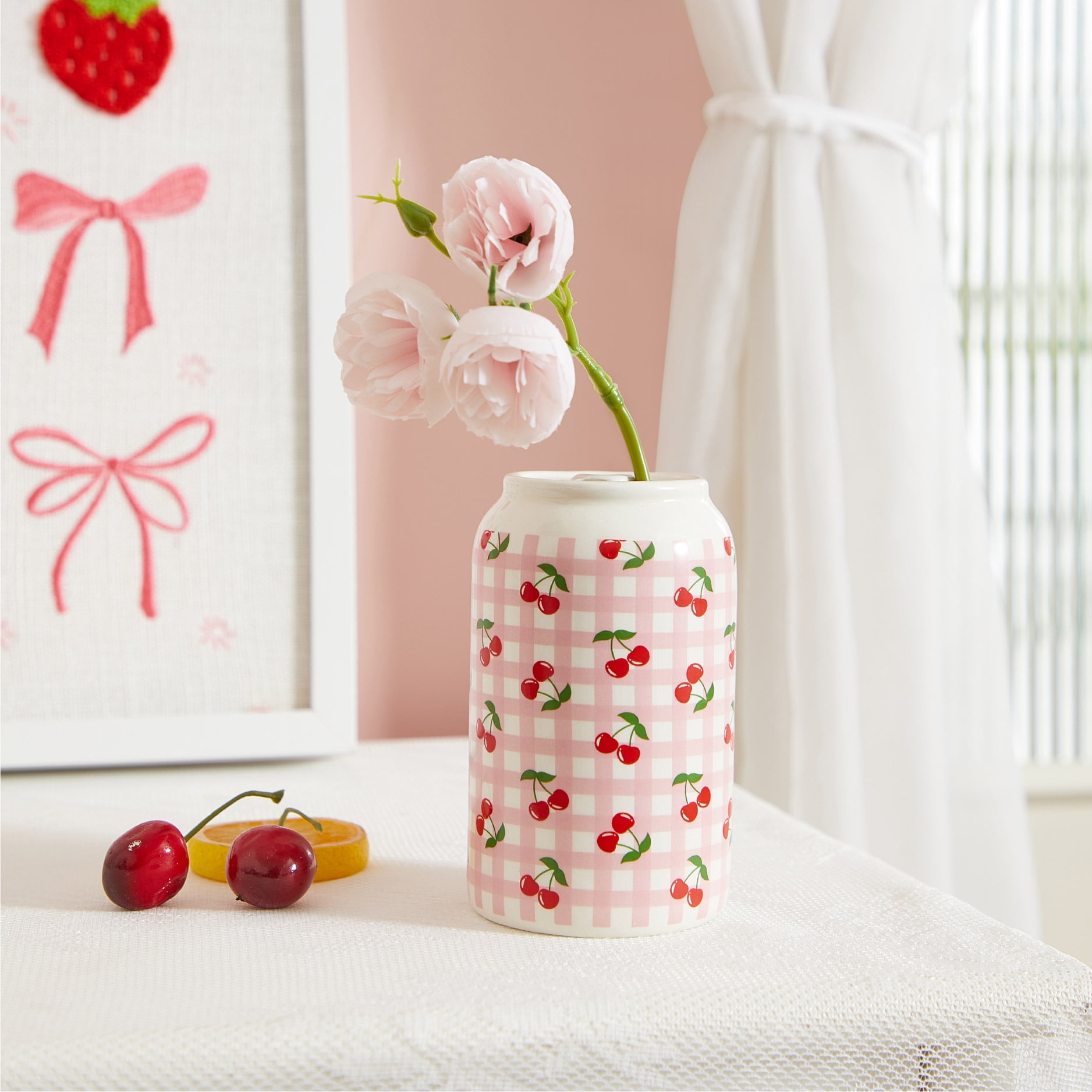 Mainstays Pink Gingham Cherry Soda Can Ceramic Vase, 2.76" L x 4.5" H