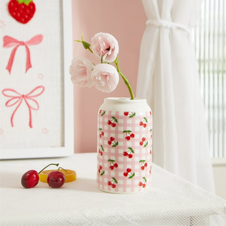 Mainstays Pink Gingham Cherry Soda Can Ceramic Vase, 2.76