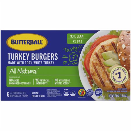 Butterball Frozen Turkey Burgers, All Natural White, 1/4 lb Patties, 6 Count/ 1.5 lbs