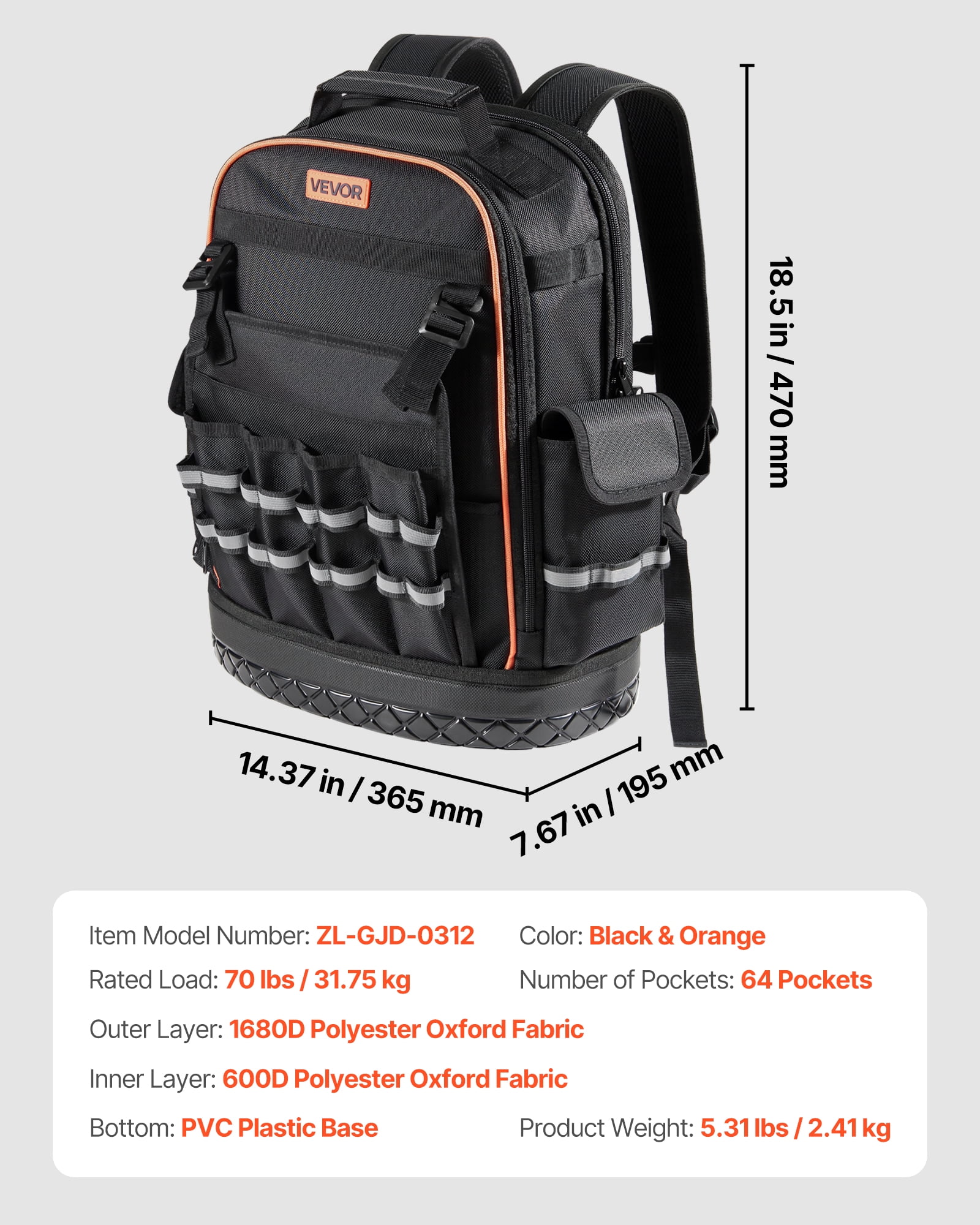 VEVOR Tool Backpack, 64 Pockets, Heavy-duty Tools Storage Organizer Work Bags with Laptop Compartment & Molded Base, Electrician Jobsite Backpack for Electrician, Repairman, and HVAC Techs