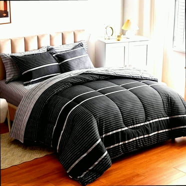 Ombre Stripe Boho Chic 6-Piece Twin Bedding Set - White & Black Gray Comforter Sheet Set - Comforter, Sheets, Shams, Pillowcase