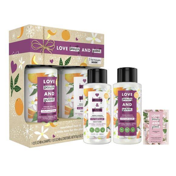 ($18 VALUE) Love Beauty and Planet Vegan Keratin & Sun-Kissed Mandarin Shampoo & Conditioner Gift Set , 4 count
