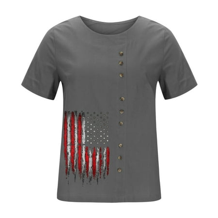 

Shirts for Women Womens Tops Dressy Casual Women Independence Day Short Sleeve Casual Round Neck Printed Loose Button Tunic Shirt Blouse Tops Off The Shoulder Tops for Women Tube Tops for Women