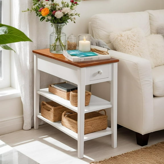 Narrow End Table, 31''H Side Table with Charging Station and Solid Wood Legs, USB Ports & Power Outlets, Sideboard with 2 Open Storage Shelves for Living Room (White)
