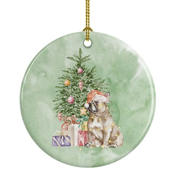 Christmas French Bulldog Fawn Ceramic Ornament 2.8 in x 2.8 in