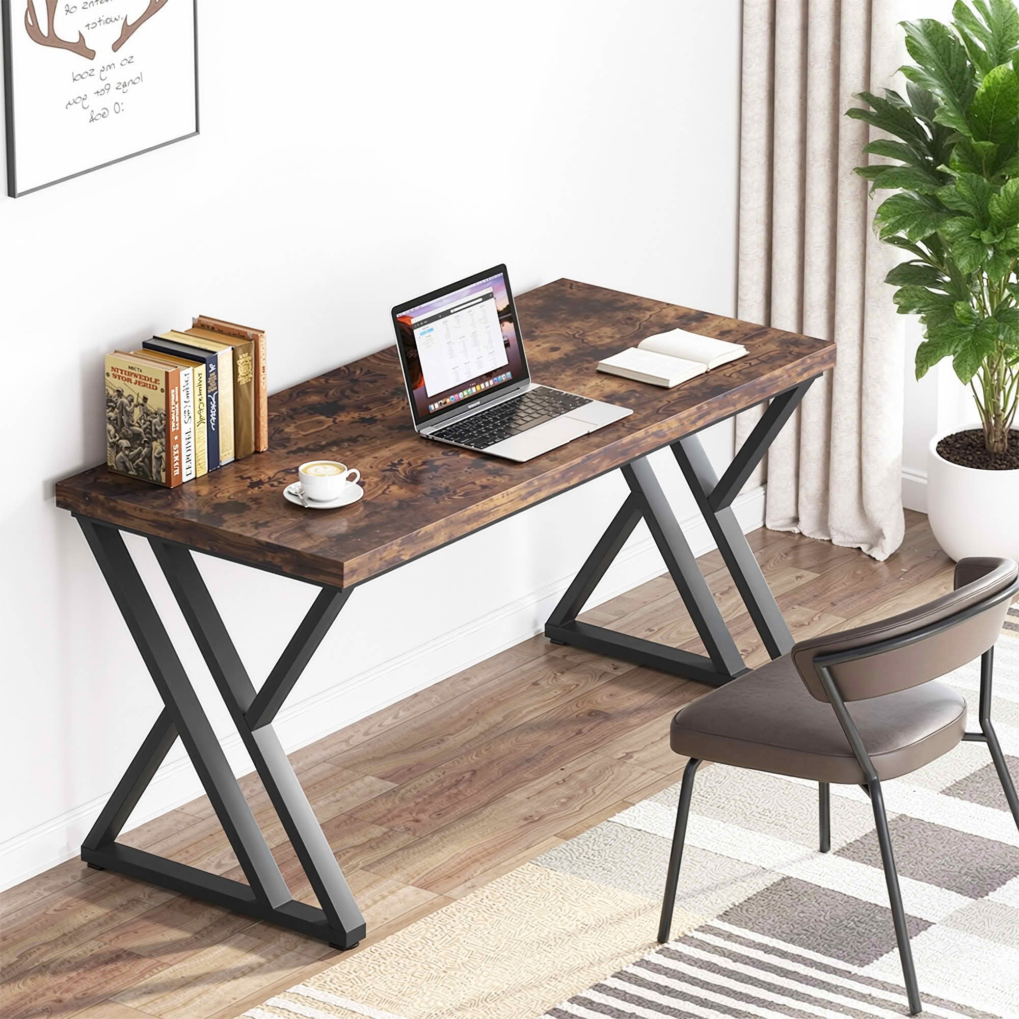 MAYEERTY 55 Inch Heavy Duty Industrial Computer Desk, Rustic Wood Z-Shape Steel Leg Writing Table with Adjustable Foot Pads
