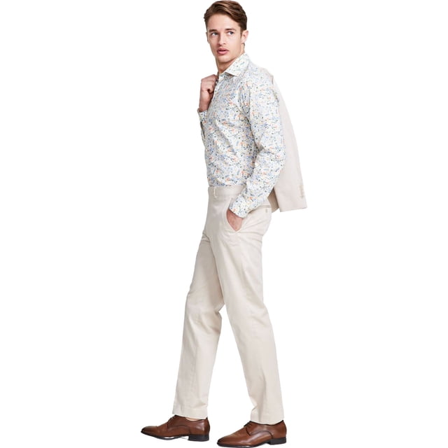 bar III Mens Solid Stretch Dress Pants Slacks, Beige, 40W x 30L