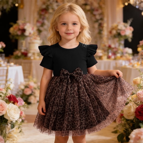 CUZIBR Toddler Baby Spring Dresses Outfits Leopard Ruffles Short Sleeve Cute Bow Crewneck Ribbed High Waist A-Line Mesh Tutu Mif Dress Holiday Party Wedding Solid Color Sets,Black,2-3 Years