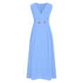 thumbnail image 3 of Robes d'Invitée de Mariage pour Femmes Élégantes en Lin Robe Maxi Sans Manches à Col en V à Double Boutonnage Fluide Décontractée Taille Haute Évasée Robe d'Été avec Poches Bleu TTG, 3 of 5