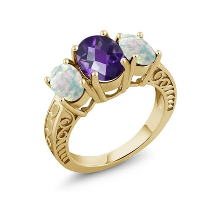 - 2.76 Ct Checkerboard Amethyst Simulated Opal 18K Yellow Gold Plated Silver Ring