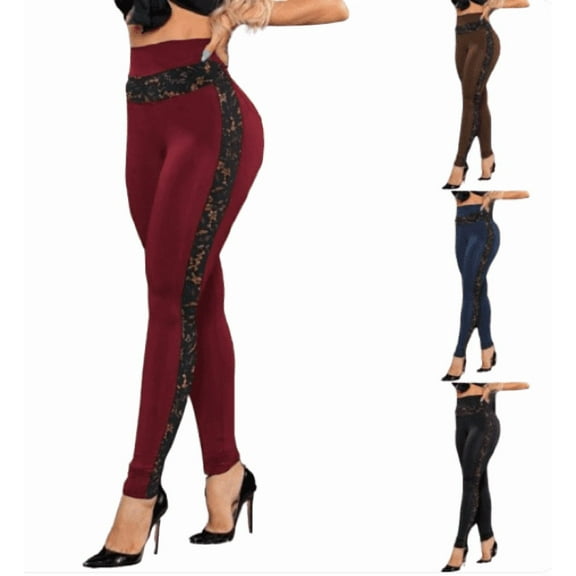 VEKDONE Women's Sexy Bodycon Lace Patchwork Leggings Casual High Waisted Tummy Control Lightweight Long Pants Clubwear