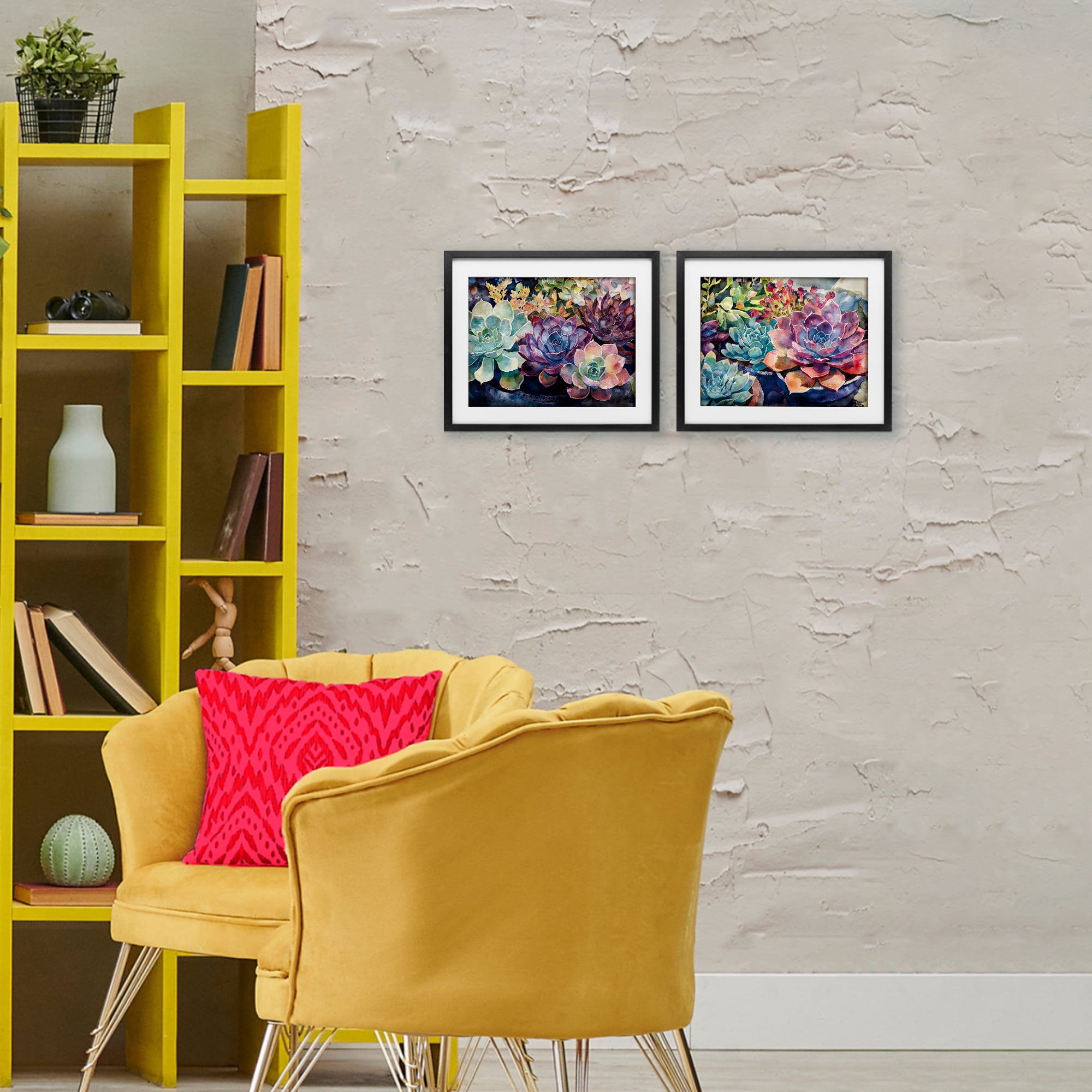 Stupell Industries Sunny Watercolor Succulents 2 Piece Black Framed Print Under Glass Set, design by Svetlana Aleynikova
