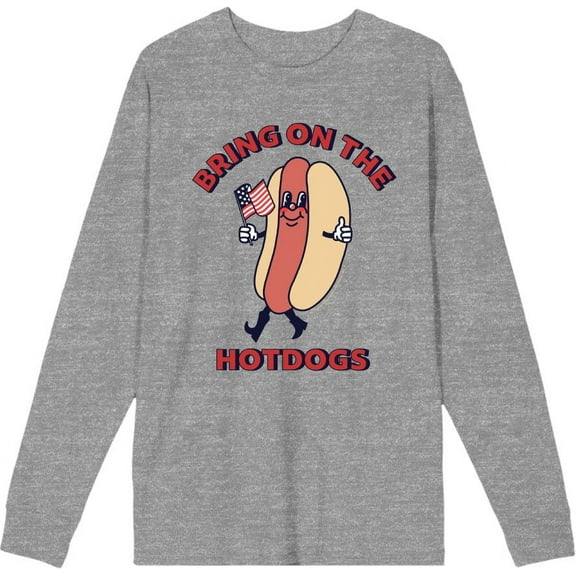 Americana Bring On The Hot Dogs Adult Heather Gray Crew Neck Long Sleeve Tee-Medium