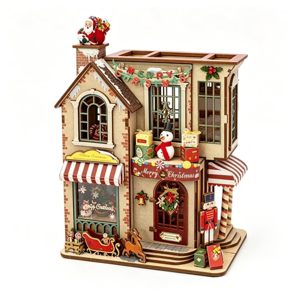 Ygakrkreit D.I.Y Wooden Christmas Magic Night Cottage Model Kit, 3D Miniature Villa Diorama with LED Lights, Hand-Assembled Building Scene, Tabletop Holiday Home Decor Gift
