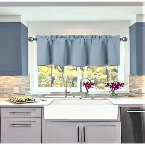 1 Kitchen valance thermal light blue solid rod pocket blackout window dressing filtering TVLO size 54" wide X 18" length