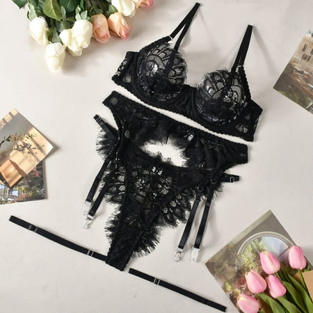 Generic Popular Lace Three-Point Sexy Sling Steel Ring 3-Piece Set Sexy Lingerie