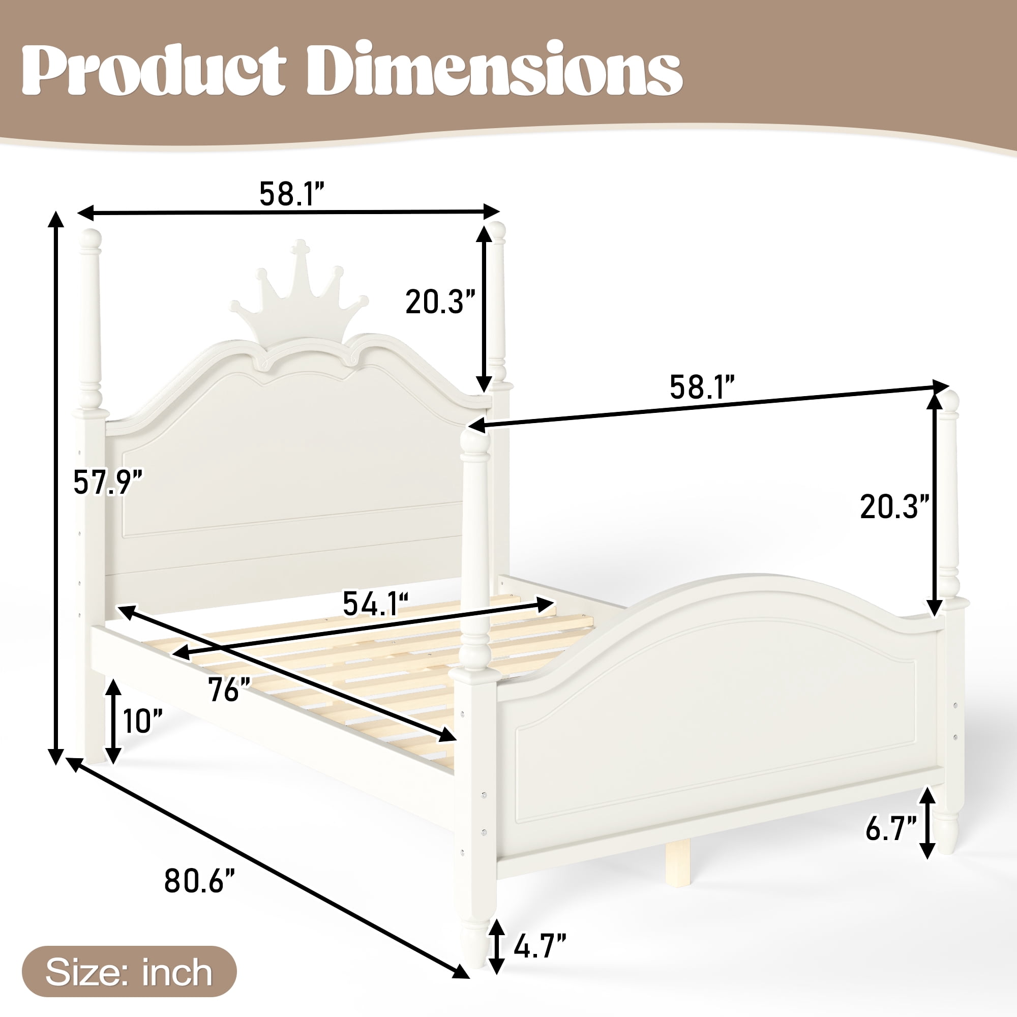 GARITIN Full Size Crown Shaped Platform Bed, Four Poster Wooden Bed Frame, Elegant Curved Headboard Bed Frame for Bedroom Guest Room, Beige