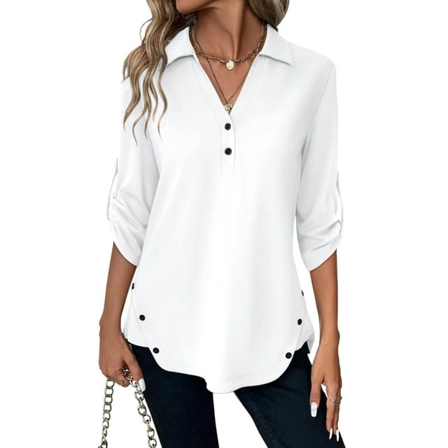 Blusa blanca con cuello en V y manga 3/4 para mujer, tipo túnica, TICTICMISS