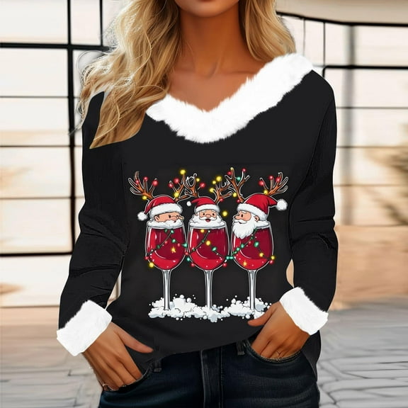WXLWZYWL Womens Christmas Blouses Ladies Loose Casual Christmas Tree Printed Patchwork V-Neck Long Sleeve Tops