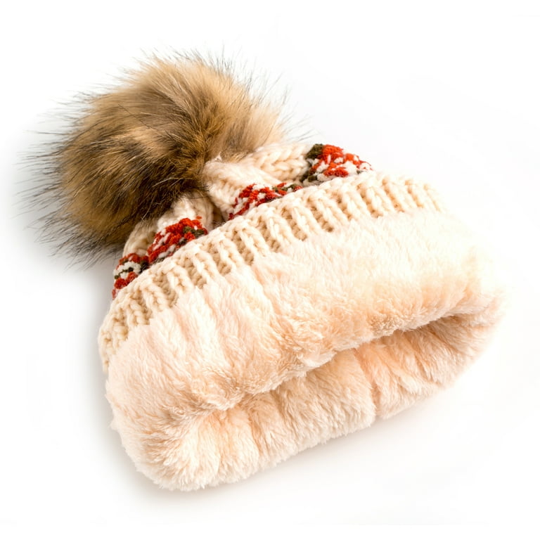 ADULT LUXURY WOOL Knit Faux Fur Pompom Hat/salmon Cream Orange Pompom  Beanie/women Knit Hat/warm Winter Hat/cream Fluffy Fur Ball/women Gift 