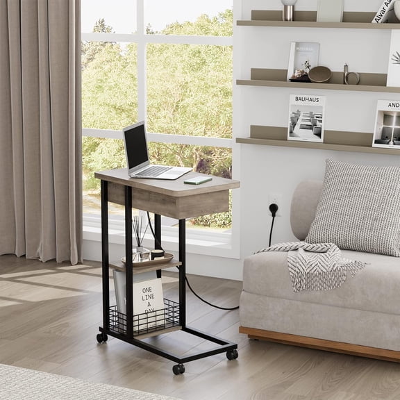 C Shaped End Table with Charging Station for Living Room,Bedroom,Sofa Table with USB Ports and Outlets for Small Spaces,C Couch Rustic Snack Bed Table,Narrow Side Table