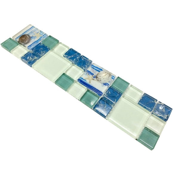 Hominter Glossy Glass Tile with Inner Crack Effect Resin Shell Beach Style Decor Sky Blue Versailles Pattern Elegant Mosaic Kitchen Backsplash Bathroom Shower Wall Tiles (3"x12" Sample)